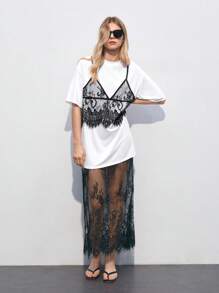 Maija Unabhängigkeitstag Juli Outfit: Ärmelloses Chiffon Splice verziertes Top und schwarzer sexy Mini Rock 2-teiliges Set, geeignet für Sommerurlaub und Reisen