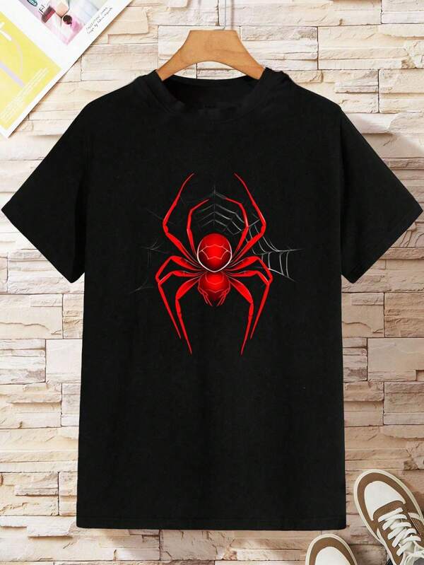 GraphicGems Young Boy Summer Spider Printed Round Neck Casual Short Sleeve T-Shirt