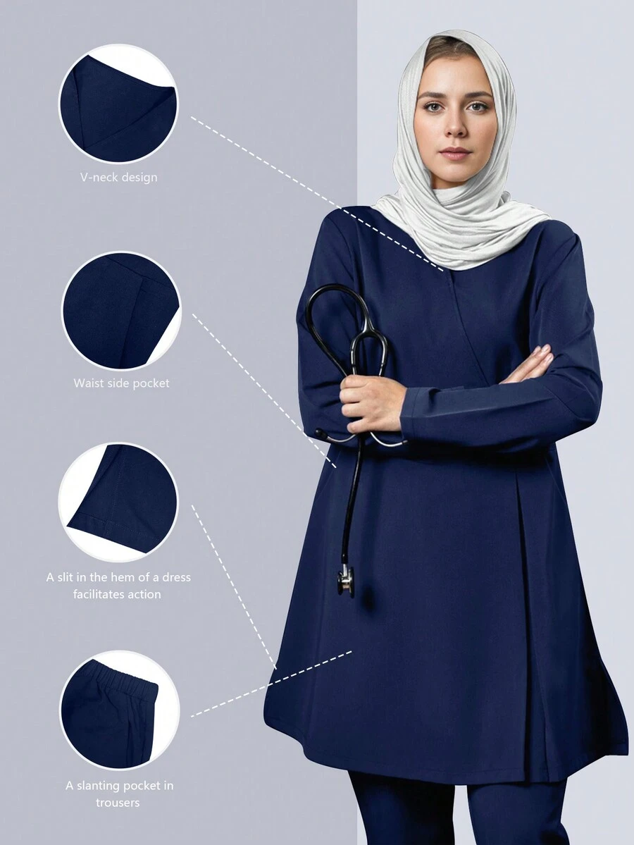 长袖 V 领开衩长线手术服套装 - 藏蓝色 - 查看 1