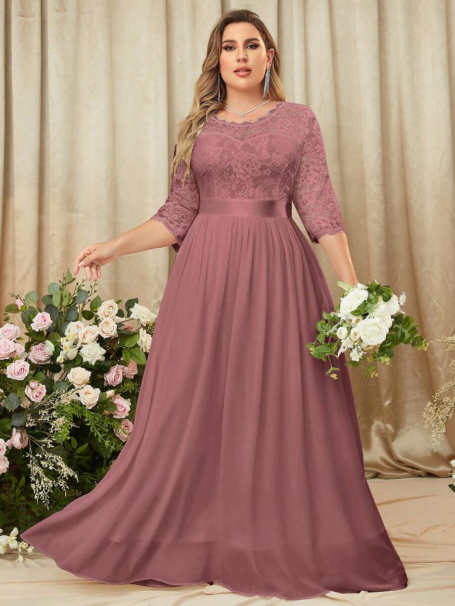 MIUSOL 大码花卉蕾丝束身胸衣搭配喇叭裙摆，长款正式晚礼服 - 藕粉色 - 查看 1