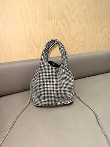 閃亮水晶手提包，手提肩背兩用手提包，鑲嵌鑽石手工錢包和手提包，豪華設計師晚禮服手提包錢包，配有鑽石和金屬裝飾 - 銀色 - 查看 2