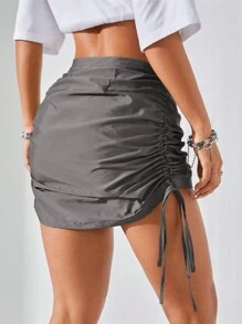 Coolane Women's Music Festival Adjustable Waist French Grey Drawstring Side Mini Skirt - Dark Grey - View 2
