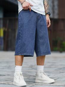 Manfinity Homme Bermuda casual da uomo fino al ginocchio a gamba larga con tasche - Blu lavato scuro - Visualizzare 8