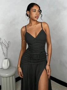SHEIN BAE 女士夏季側開叉系帶背心裙 - 黑色 - 查看 5