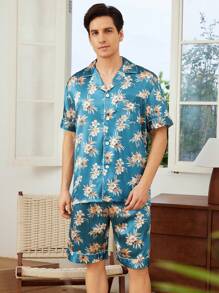 Conjunto de blusa de manga corta con botones delanteros y pantalón corto estampado floral para hombre, ropa de hogar de verano - Multicolor - Ver 1