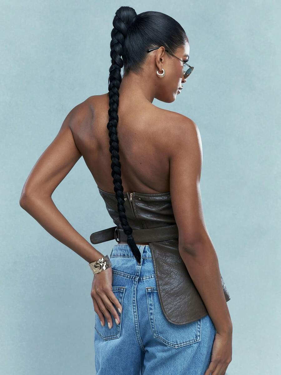 MISSGUIDED Asymmetric Hem Faux Leather Bandeau Top With Belt And Purse