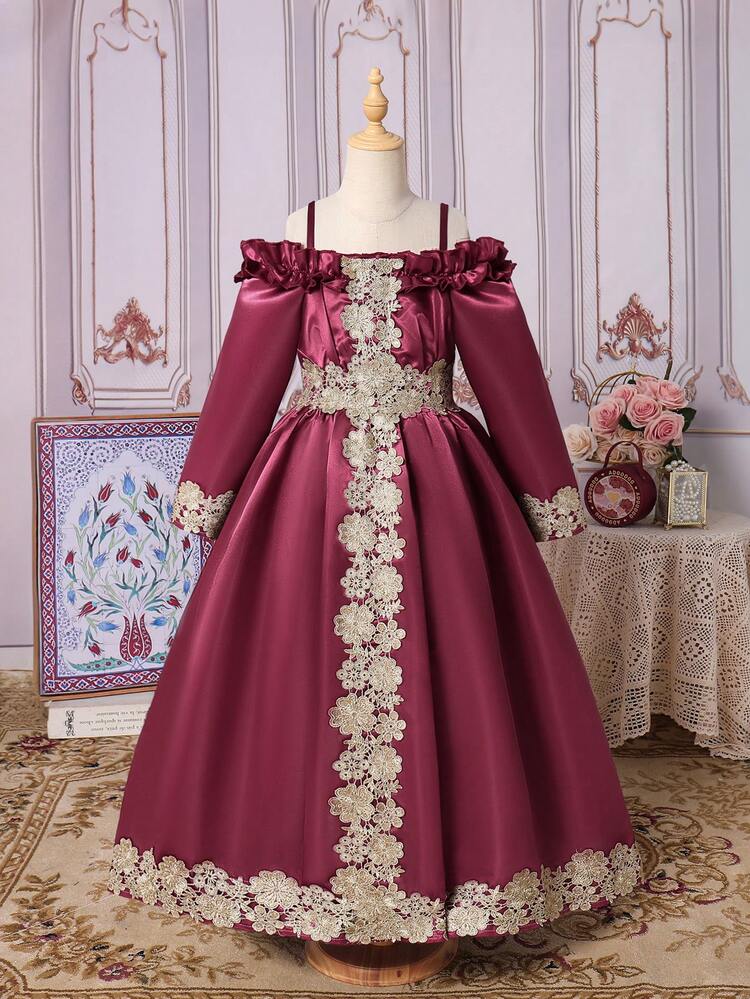 Tween Girl Elegant Red Off Shoulder Long Sleeve Formal Dress, Suitable For Parties, Banquets And Other Occasions