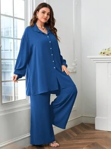 SHEIN LUNE Plus Size Spring/Summer/Autumn Loose Fit Long Sleeve Shirt And Wide-Leg Pants 2-Piece Set For Autumn & Winter