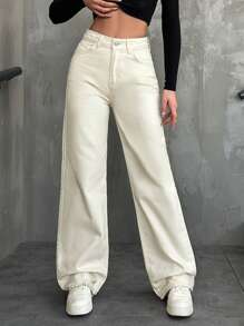 Cottnline Women's Solid Color High Waist Jeans - Beige - View 1