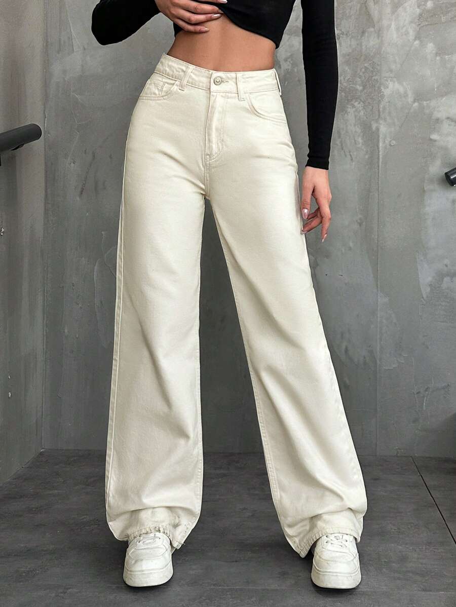 Cottnline Women's Solid Color High Waist Jeans - Beige - View 1
