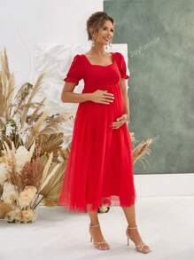 Joyfunear Maternity Solid Color Puff Sleeve Dress