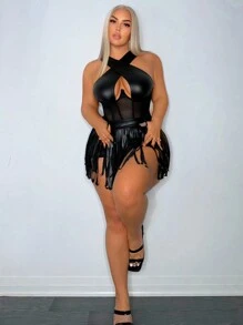 SHEIN SXY Cộng với Kích thước Bộ đồ liền thân lưới tương phản chéo trơn - màu đen - Xem 5