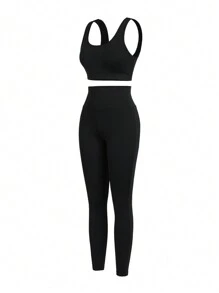 SHEIN Sports Conjunto deportivo de 3 piezas en blanco con camiseta de manga corta + camiseta de tirantes sin mangas negra + leggings - Blanco y Negro - Ver 8