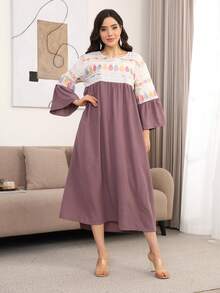 ASBB Vestido elegante JALABIYA para mujer árabe con bordado de cuentas pesadas, cuello redondo y patchwork, atuendo casual para vacaciones y fiestas de otoño 2026 - Marrón Chocolate - Ver 2
