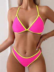 SHEIN Swim Bãi biển mùa hè dành cho nữ Tương phản neon Viền chéo lưng Bộ bikini dây gợi cảm Bộ đồ tắm - Màu Hồng Tươi - Xem 3