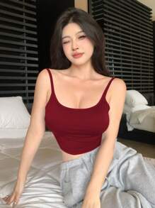 DAZY Ladies' Twisted Knot Back Simple Padded Basic Camisole, Four Seasons, Workout - Burgundy - View 3