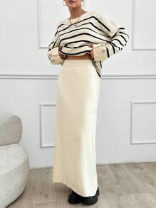 SHEIN Tall Striped Pattern Drop Shoulder Sweater & Knit Skirt - Black and White - View 3