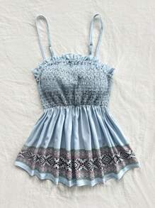 Soleia Women Geometric Print Camisole With Frill Trim And Ruffled Hem - Blue - View 6