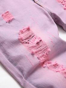 Men's Slim/Straight Fit Pink Distressed Jeans (European And American Style) - Pink - View 4