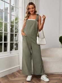 SHEIN Bộ đồ liền thân Bà bầu Thắt nút Túi màu trơn Giải trí - xanh quân đội - Xem 3