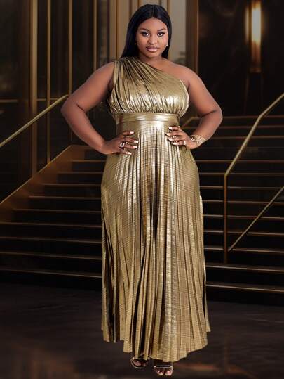 Plus Size Oblique Shoulder Pleated Sexy Metallic Gorgeous Dress, Elegant Formal Evening Prom Wedding Guest Gown, For Graduation, Dinner Spring Outfits Festival Party For Women