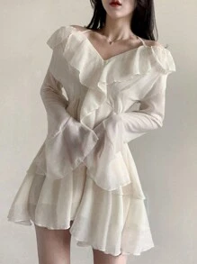 DAZY Women's Fall Elegant Solid Color Cold-Shoulder Halter Ruffle Hem Dress,Casual Women Dresses Long Sleeve Dress - White - View 4