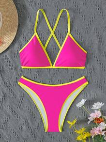 SHEIN Swim Bãi biển mùa hè dành cho nữ Tương phản neon Viền chéo lưng Bộ bikini dây gợi cảm Bộ đồ tắm - Màu Hồng Tươi - Xem 5