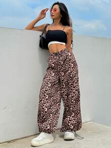 SHEIN EZwear White Drawstring Waist Striped Side Pocket Cargo Pants - Pink - View 3