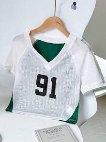 SHEIN Unity 網眼運動和休閒V領凝膠印花T恤 - 白色 - 查看 3