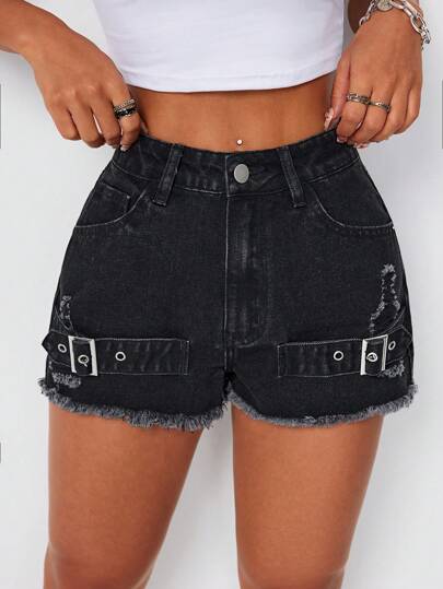 SHEIN ICON Women's Eyelet Buckle Decorated Frayed Hem Denim Shorts With Insert Pockets, Casual