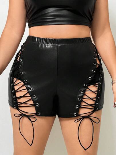SHEIN ICON 大码PU镂空交叉系带紧身短裤