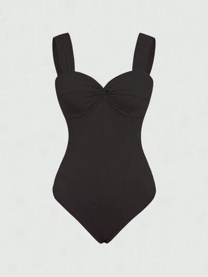 Sweetra Women's Solid Color Pleated Summer Bodysuit, Simple Style