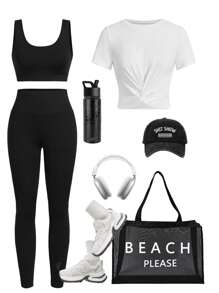 SHEIN Sports Conjunto deportivo de 3 piezas en blanco con camiseta de manga corta + camiseta de tirantes sin mangas negra + leggings - Blanco y Negro - Ver 1