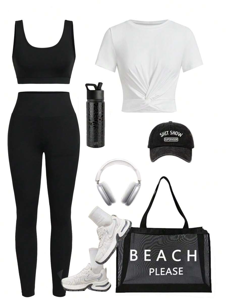 SHEIN Sports Conjunto deportivo de 3 piezas en blanco con camiseta de manga corta + camiseta de tirantes sin mangas negra + leggings - Blanco y Negro - Ver 1