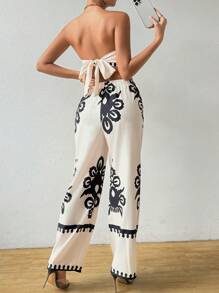 Chiquease Conjunto de 2 piezas para mujer, incluye top casual sin tirantes con estampado y pantalones de vacaciones - Multicolor - Ver 2