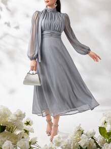 Modelyn 女士純色燈籠袖褶皺優雅阿拉伯風格裙 - 灰色 - 查看 5