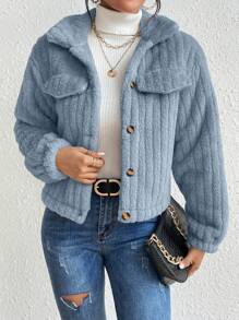 Chiquease 純色前鈕休閒長袖夾克 - 藍色 - 查看 6