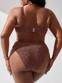 SHEIN Swim Curve Plus Size Summer Beach Plain Jacquard Brown Bathing Suit Bikini Set - Brown - View 2