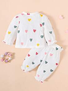 SHEIN Baby Girl's Spring/Summer Heart Printed Gauze Long-Sleeved Two-Piece - White - View 2