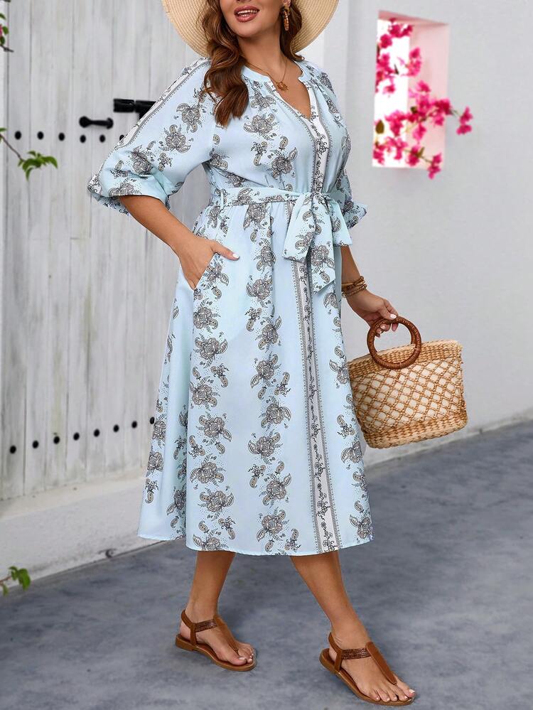 Plus Size Vacation Sky-Blue Retro Printed Women's Summer Dress, Teacher Clothes