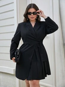 RueChic Lapel Neck Knot Side Wrap Blazer Dress - Black - View 5