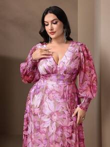 Plus Floral Print Plunging Neck Lantern Sleeve Ruffle Hem Dress - Red - View 3