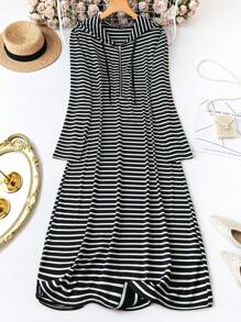 Đầm Maxi dài tay in họa tiết sọc cỡ lớn mùa hè có mũ trùm đầu, cổ buộc và túi cho nữ - màu đen - Xem 1