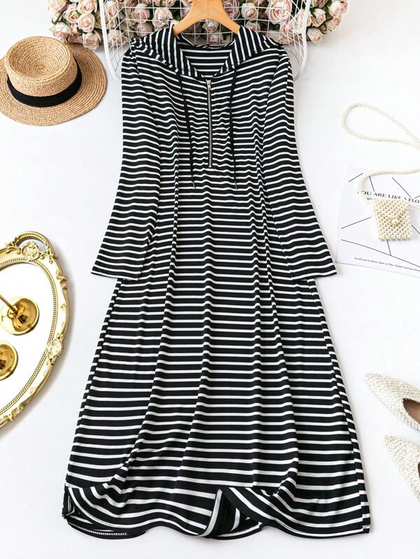 Plus Size Summer Striped & Printed Hooded Long Sleeve Dress With Tie Neck And Pockets Maxi Women Outfit