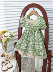 Vestido estampado con mangas abullonadas y cuello cuadrado para bebé niña - Verde - Ver 1