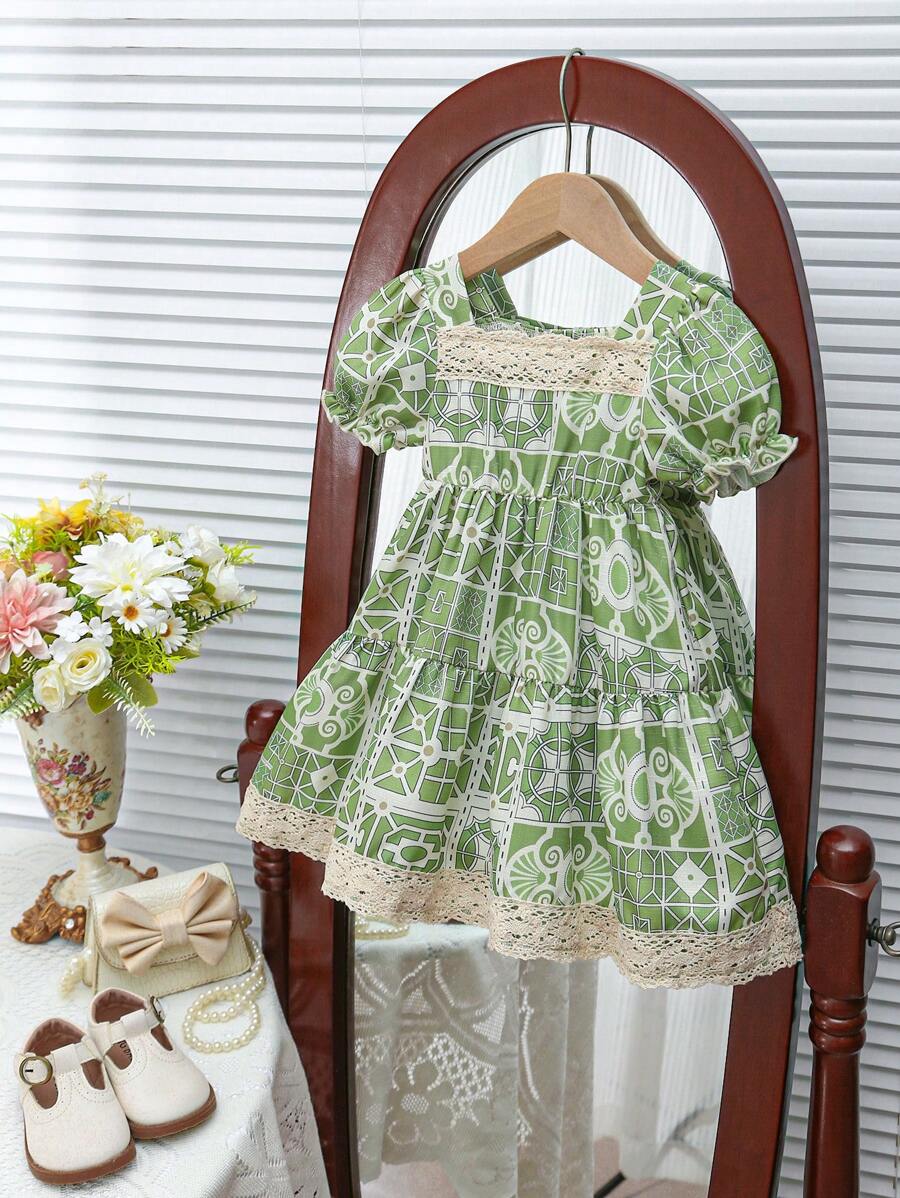 Vestido estampado con mangas abullonadas y cuello cuadrado para bebé niña - Verde - Ver 1