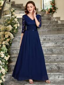 MIUSOL Đầm dự tiệc sang trọng bằng vải voan xếp ly cổ chữ V ren hoa thanh lịch - Màu xanh hải quân - Xem 5