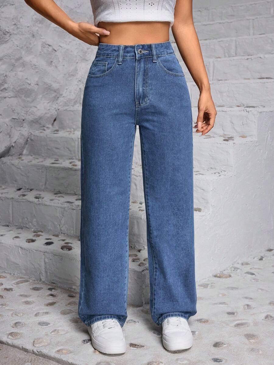 SHEIN EZwear 高腰直筒牛仔褲 - 中等水洗藍 - 查看 1