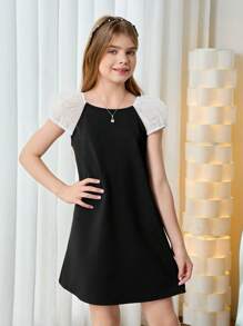 Tween Girl Loose Elegant Color-Block Puff Sleeve Dress With Back Bow Decoration
