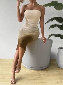 Chiquease Váy ôm sát quây màu ombre mùa hè có nếp gấp dành cho nữ - Màu Khaki - Xem 6